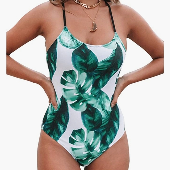 CUPSHE Tropical Leaf Print Lace Up Back One Piece Swimsuit Size Women Medium NEW - Picture 1 of 11